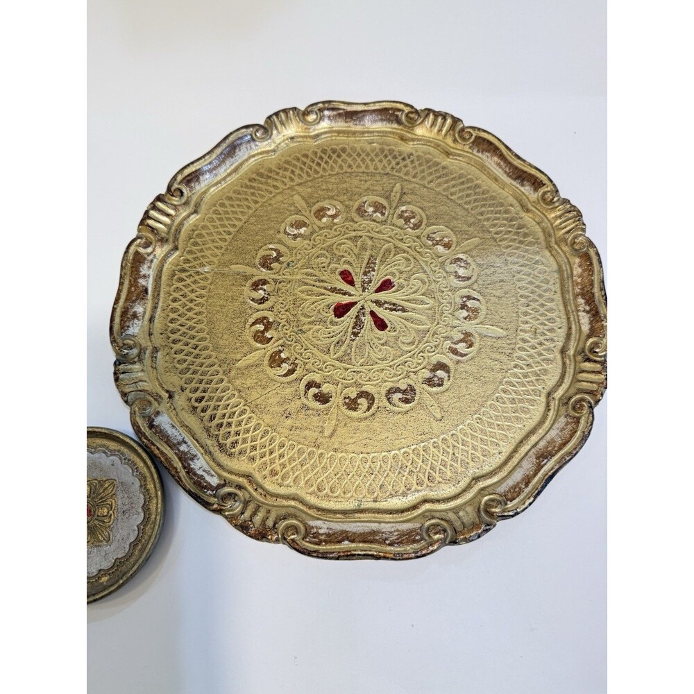 Vtg Italian Gold Florentine Wood Serving Tray Red Blue Toleware 11" Hand painted - Picture 6 of 15